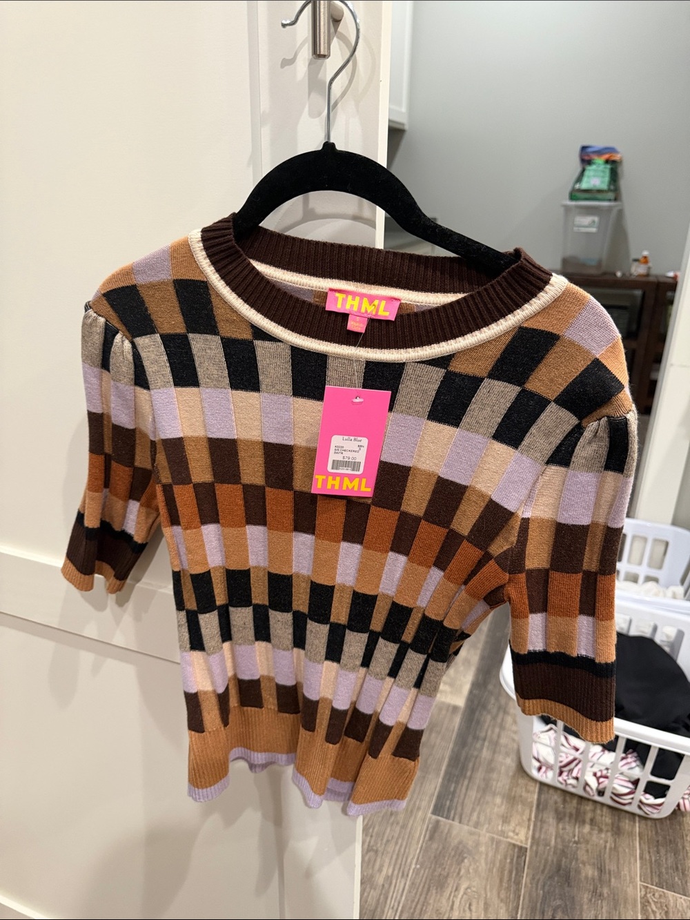 THML Brown, Lavender & Black Check Ribbed Knit Top